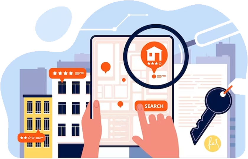 A geometric illustration of a map of property listings, someone holding the map is pushing a search button. A geometric illustration of a map of property listings, someone holding the map is pushing a search button.