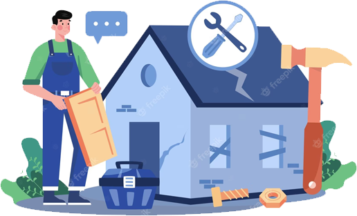 An illustration of a comically large repair person putting a new door on a decrepit home.