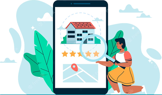 An illustration of a tenant kneeling into a phone screen with a magnifying glass.