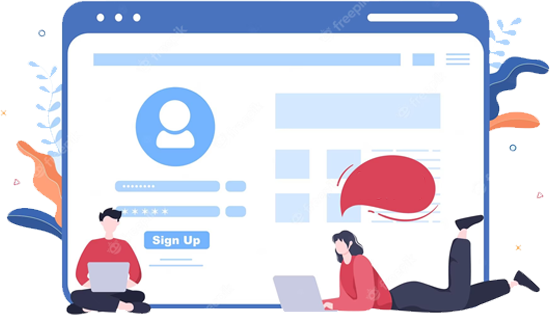 An illustration of two people, one lying and one sitting cross-legged, in front of a browser window.