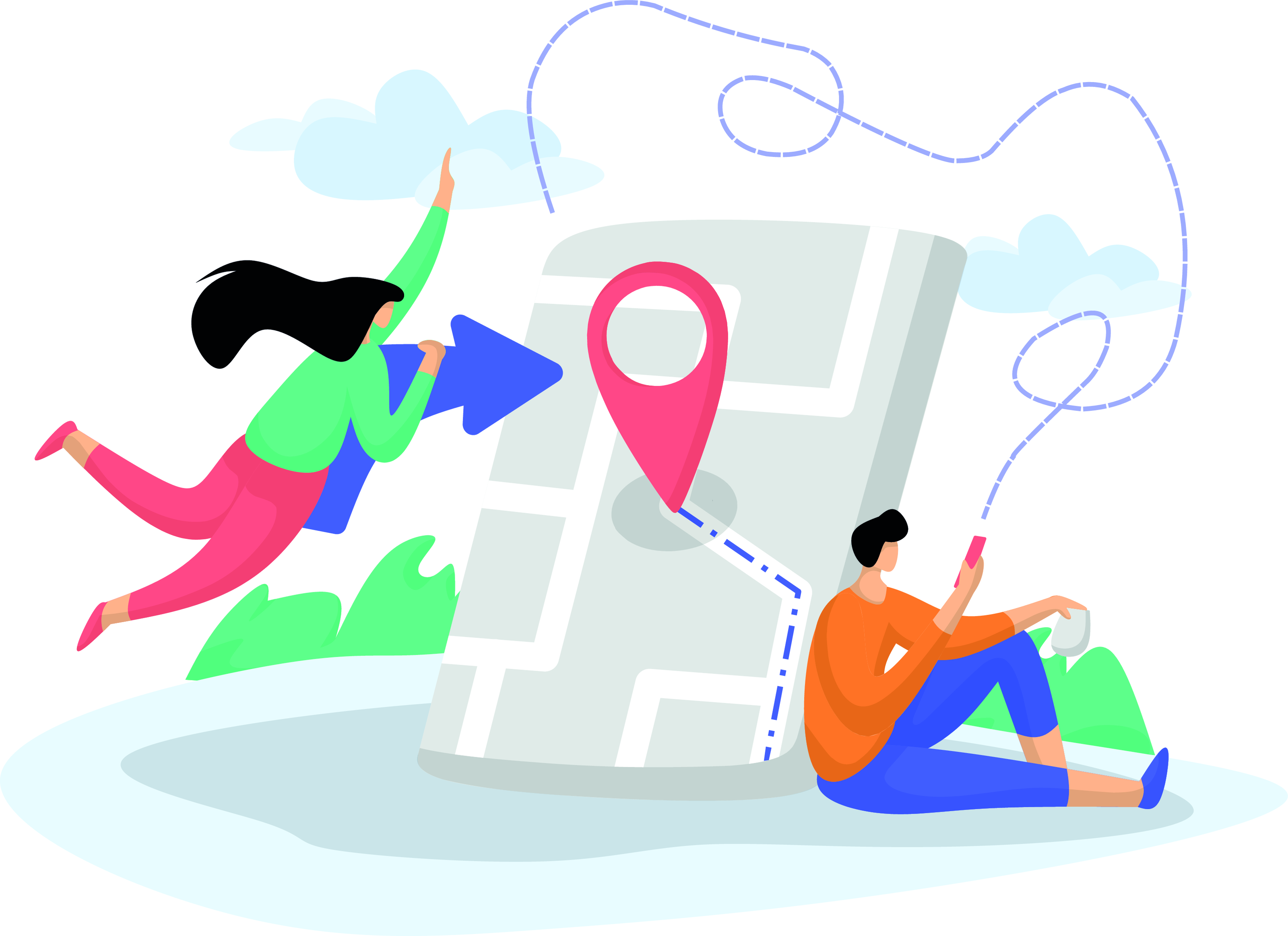 illustration of a giant map with two people pointing arrows at it